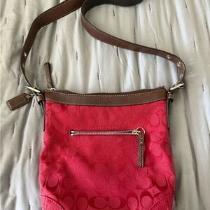 Coach Red and Brown Crossbody Bag with Signature Pattern